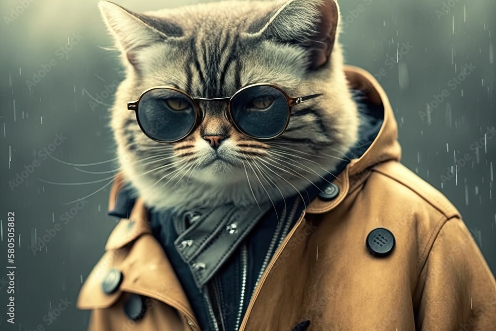 chic cat swagger wearing a coat, wearing sunglasses, being funny, being fashionable, using a photo a