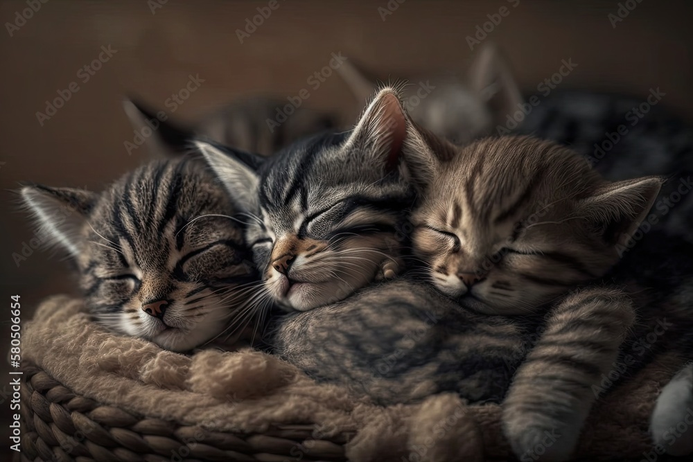 Three adorable tabby kittens were sleeping and playing together. Cute kittens falling in love. Kids