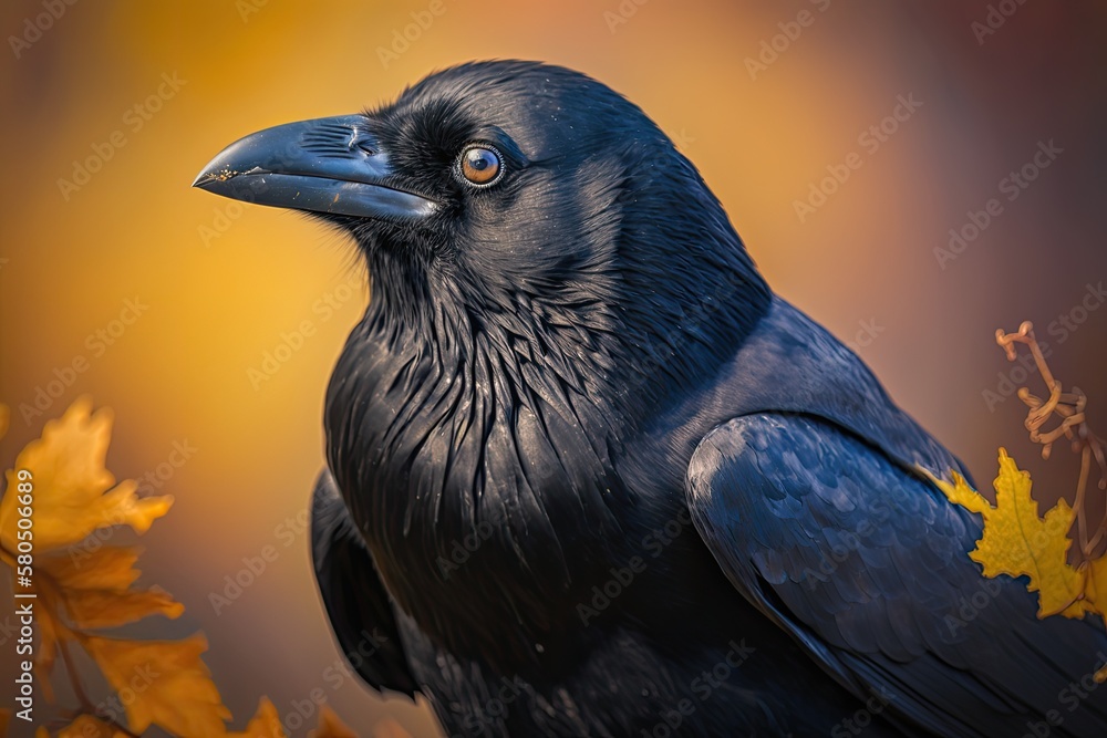 Carrion crow, or Corvus corone, is a black bird that sits on a branch and looks at the camera. Gener