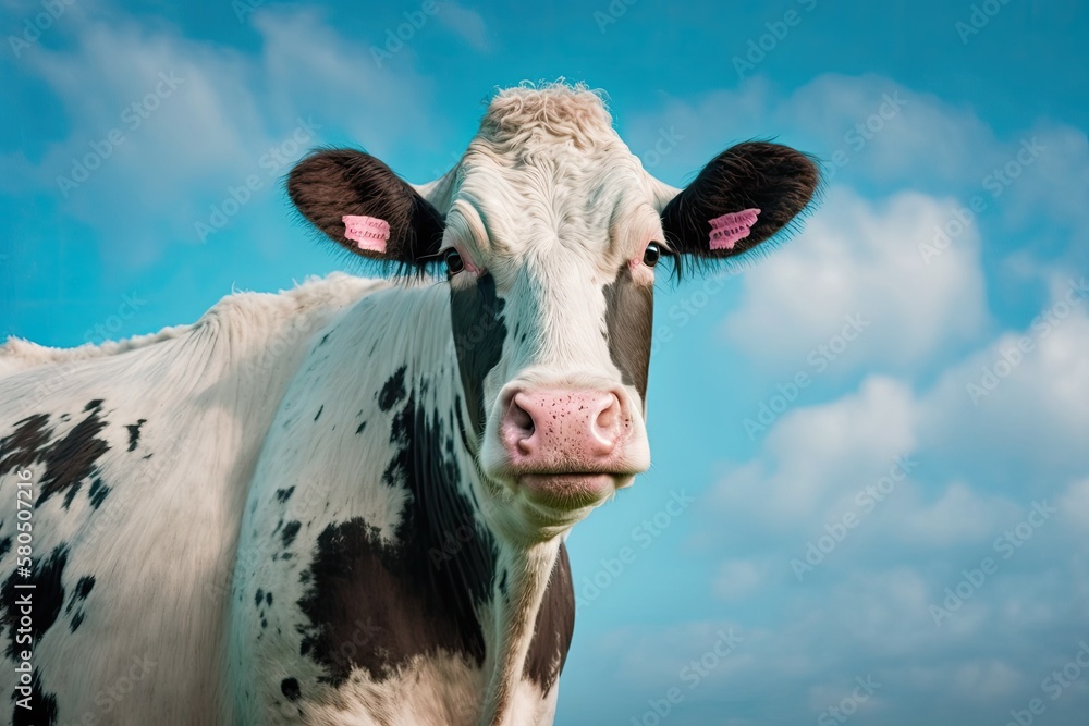 Mature black and white cow with a pink nose standing in front of a blue sky. Generative AI