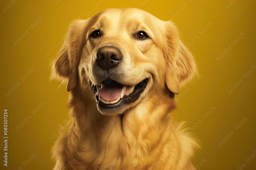 Studio shot of a happy, smiling golden retriever dog with a yellow background and an eye that blinks