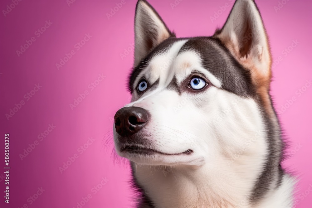 Portrait of a funny Siberian husky dog with sleepy eyes on a pink studio background, showing dog emo