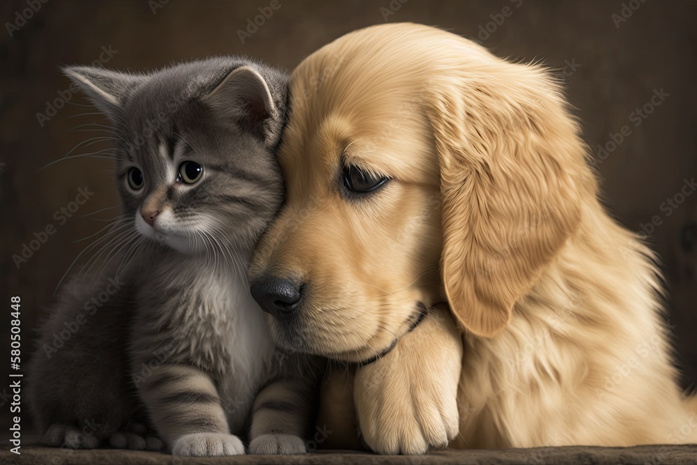 A golden retriever puppy dog hugs a British cat. Generative AI