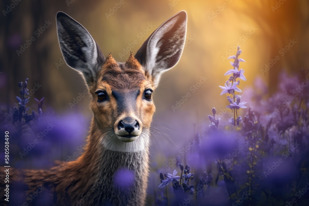 A beautiful Roe Deer Buck in wildflowers forest, uk wildlife, nature, bluebells, bokeh, British anim