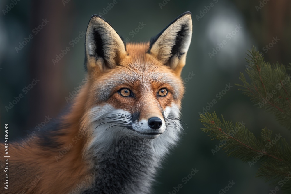 Red Fox (Vulpes vulpes), portrait in close up with pine trees in the background (bokeh). Seeing each