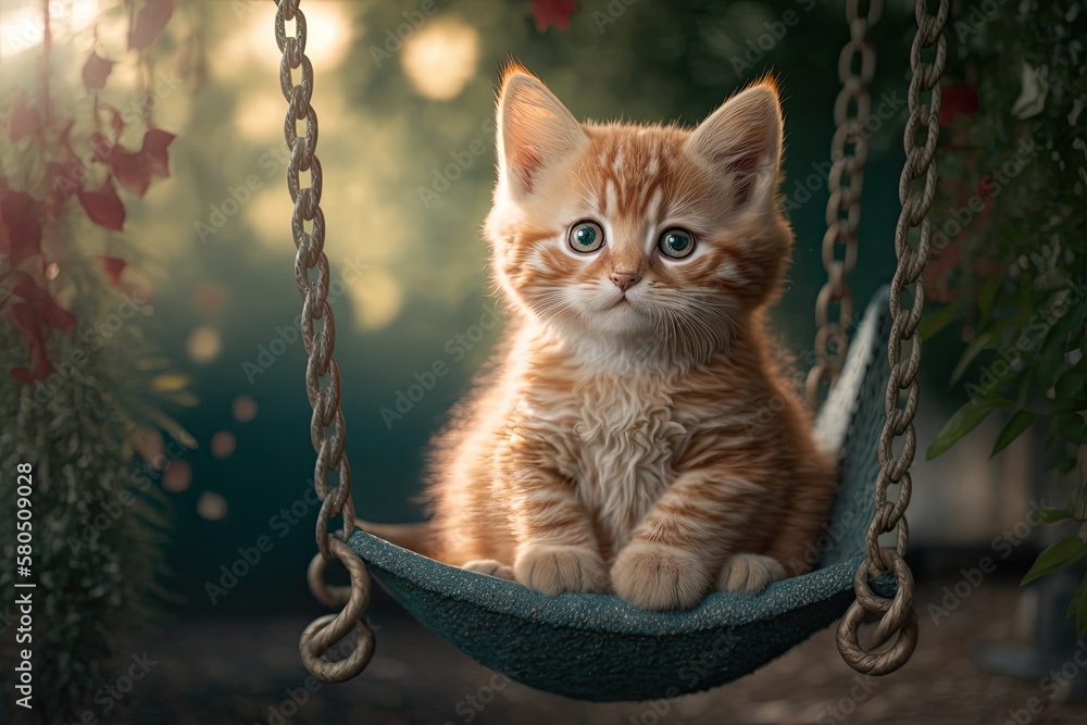 A cute kitten with spots looks right at the camera. A red kitten on a garden swing in the street. Ge