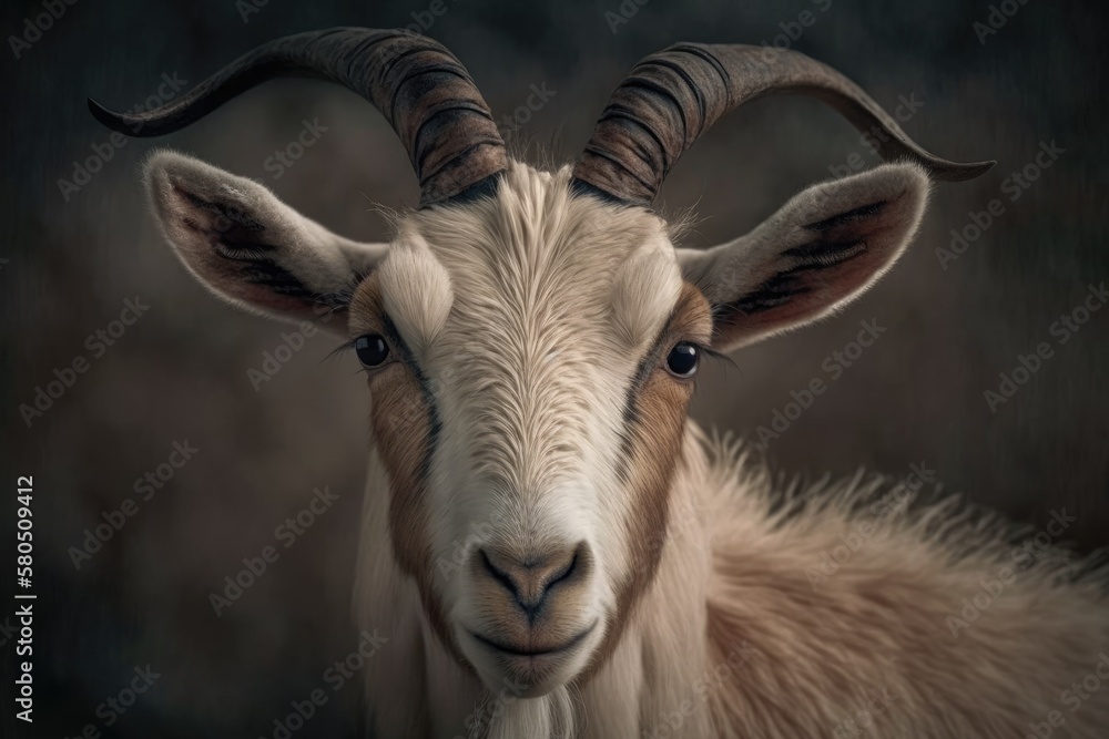 Face of a cute pet goat with a big horn. Generative AI