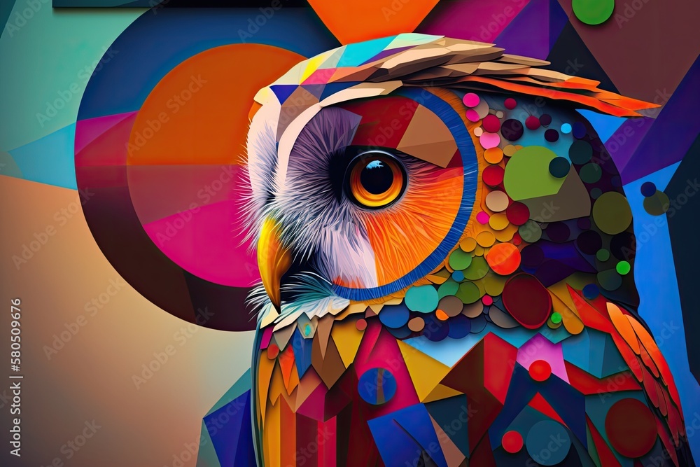 A bright and colorful abstract portrait of an owl in the style of Kandinsky and the Bauhaus art move