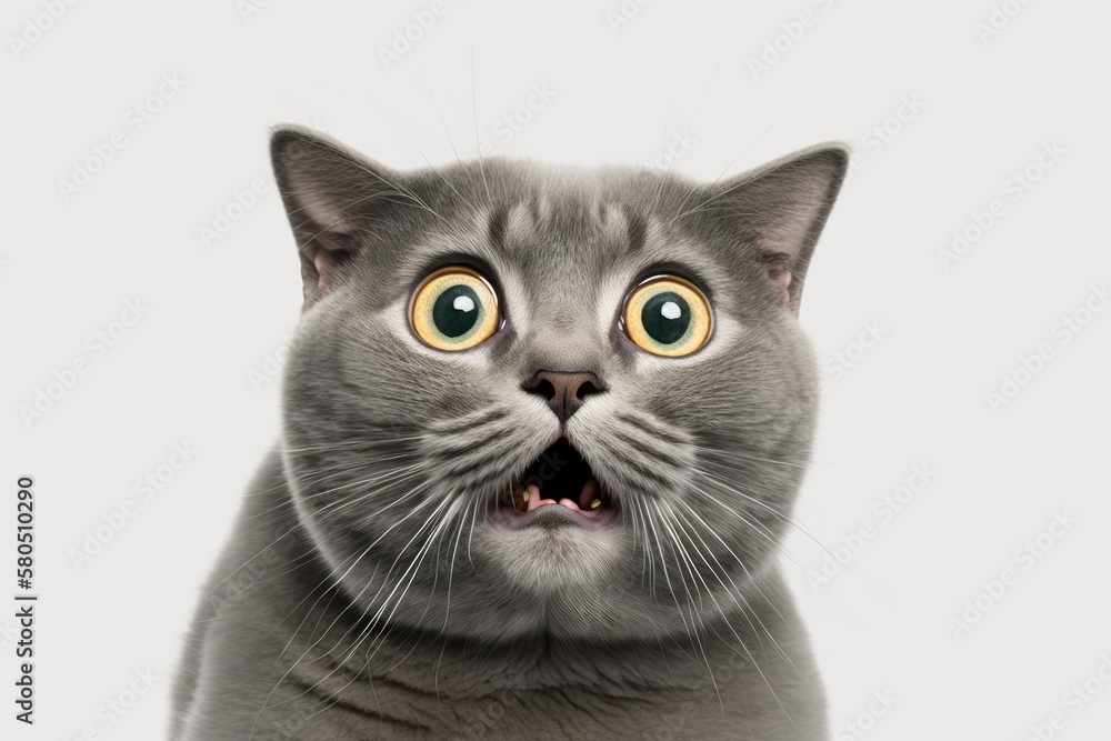 Gray cat with wide open eyes looking up with fear and surprise on white background. Generative AI