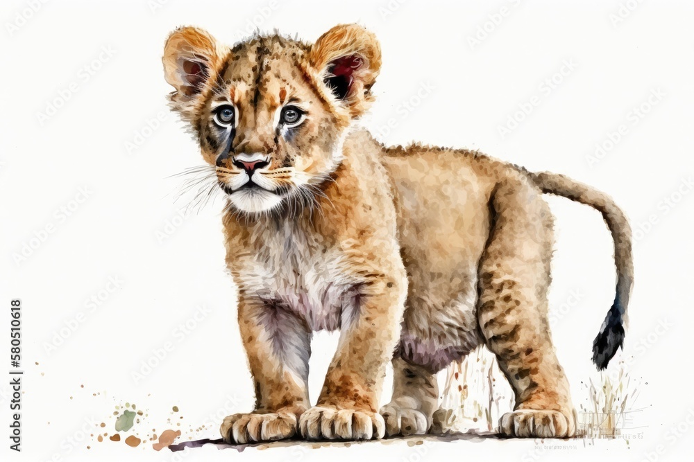 Baby lion, lion cub watercolor Stands out against a white background. Animal from Africa. Painting w