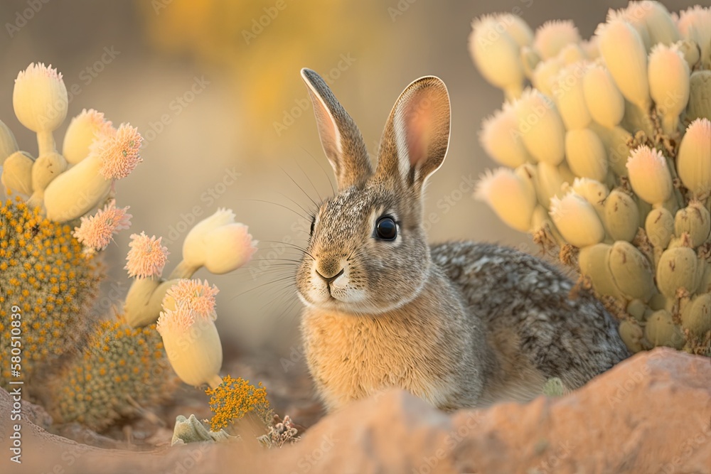 In the early morning light, a young desert cottontail rabbit in the Sonoran Desert eats the flower p