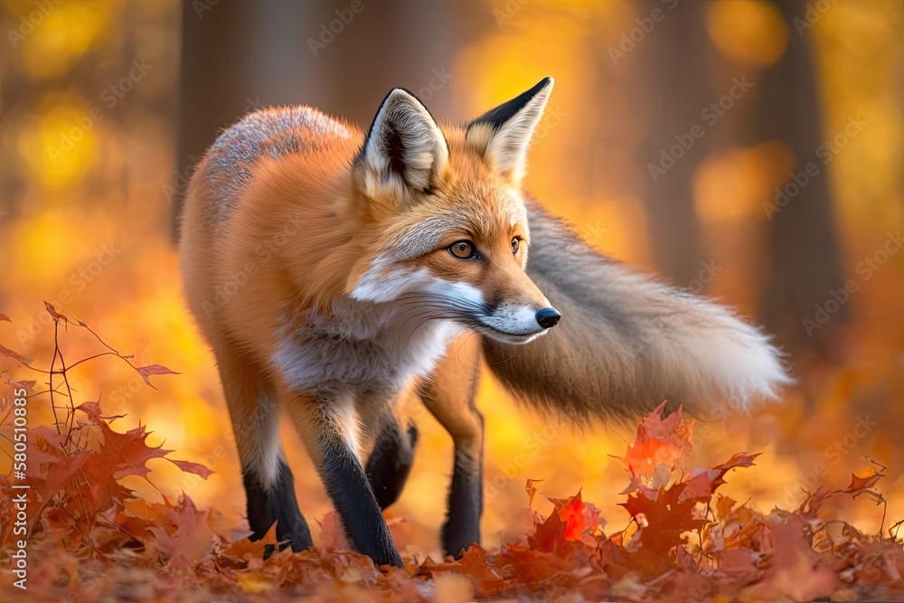 A red fox runs on orange leaves in the fall. Red Fox, Vulpes vulpes, looking cute in the fall forest