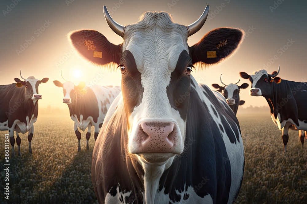 At dusk in the summer, cows herd on a grassy field. A cow looks at the camera, and the sun is shinin