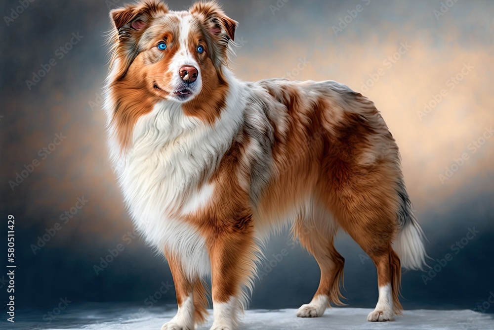 Miniature red merle American Shepherd dog with blue eyes and a happy look on its face, panting, and 