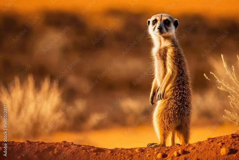 Meerkat standing looking for something. Suricata suricatta are natural predators in the wild. Scene 