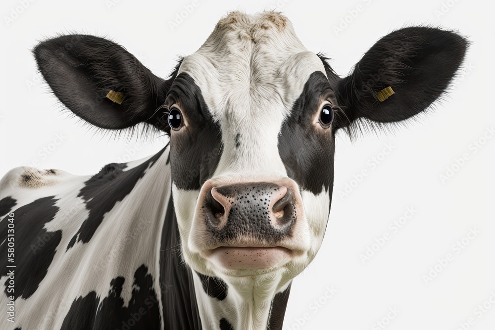 Funny cute cow on white by itself. Close up of a black and white cow that talks. Funny, interesting 