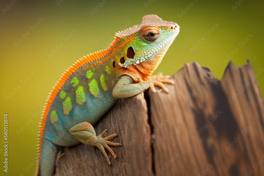 A common green forest lizard is relaxing on a wooden pole. Its skin is a gradient of bright, saturat