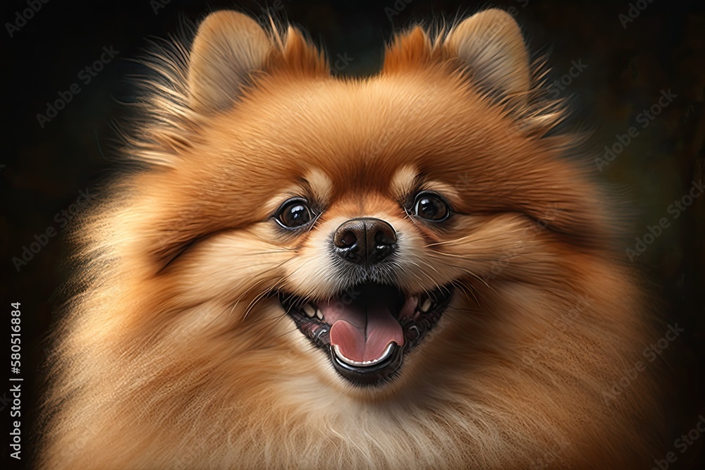 Head shot of a happy, panting Pomeranian dog. Generative AI