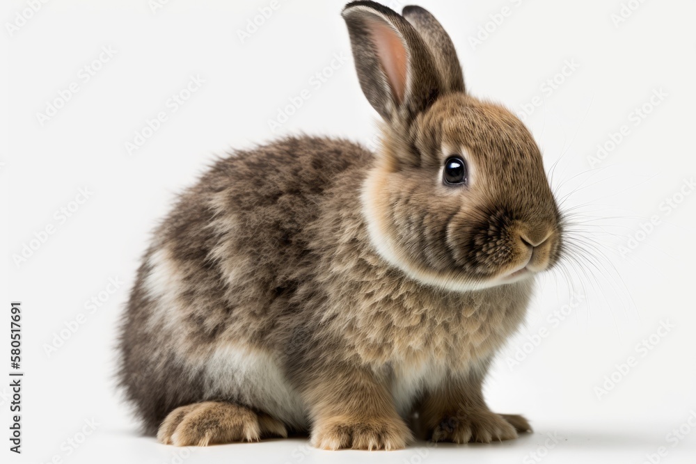 Four month old rabbit sitting on white background. Generative AI