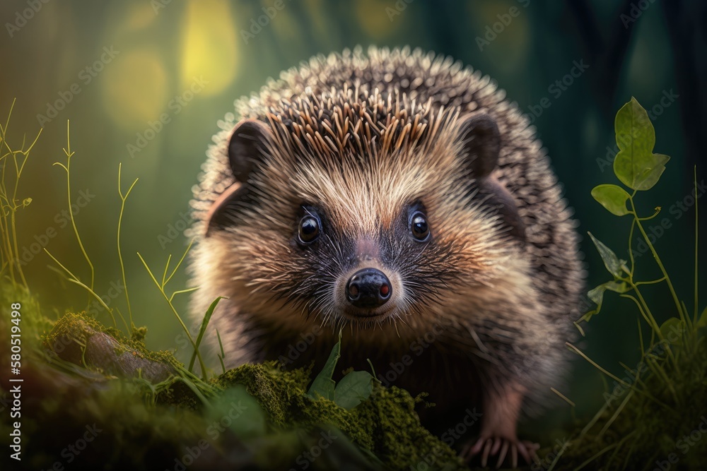 Close up of a hedgehog, a wild animal with a cute nose. The little hedgehog is an adult native to Eu