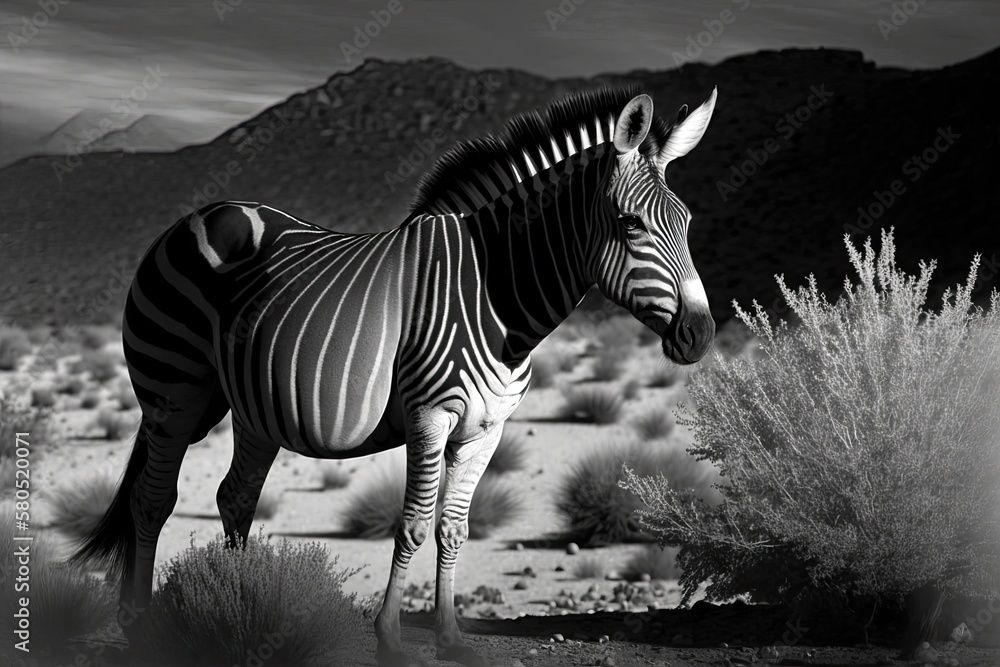 A black and white picture of a Cape Mountain Zebra. Generative AI