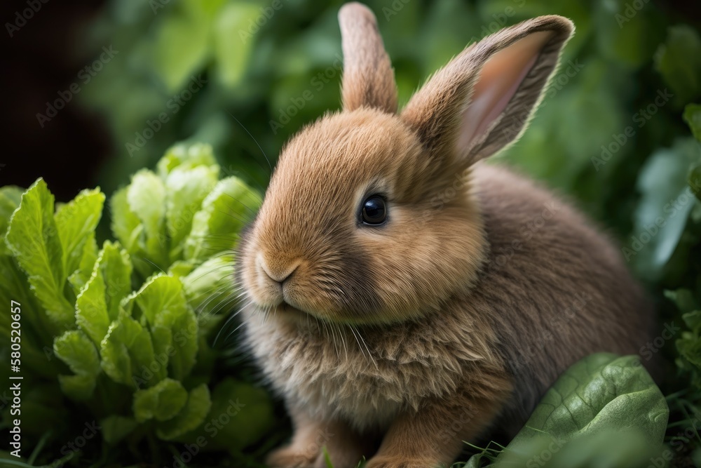 Healthy Lovely brown Easter bunny with fluffy fur, a cute baby rabbit in a green garden. The brown h