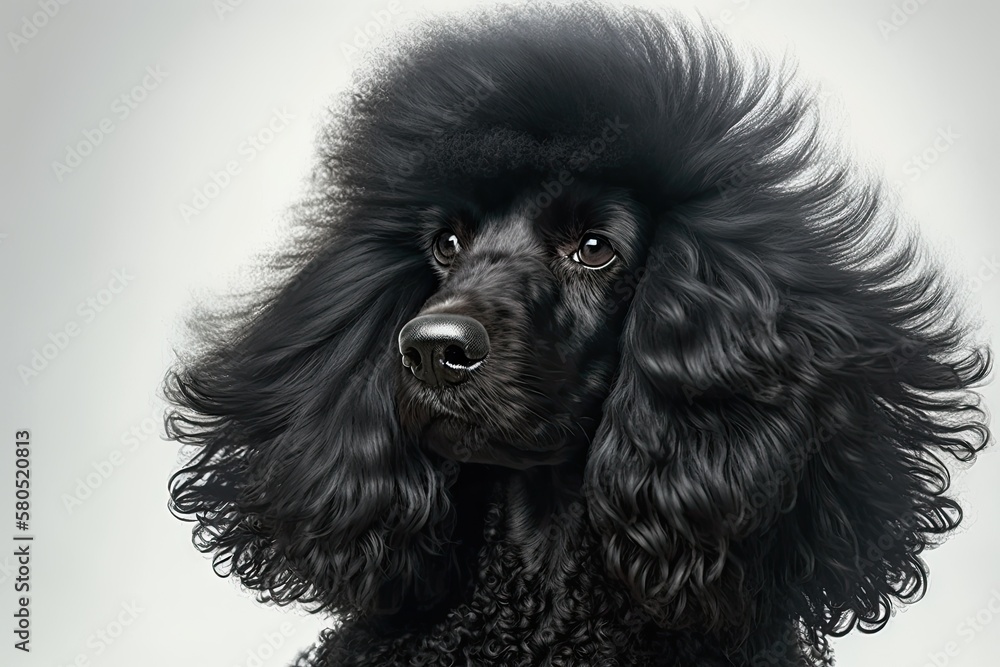 A close up of a beautiful black poodle with its hair blowing, set against a white background. Genera