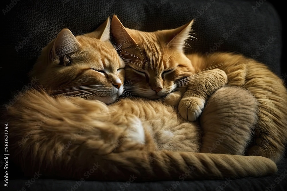 Two ginger sister cats are cuddling, playing, resting, and relaxing on a couch. Generative AI