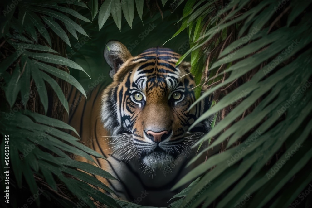 A male royal Bengal tiger that looks scary is staring at the camera from inside the jungle. Generati