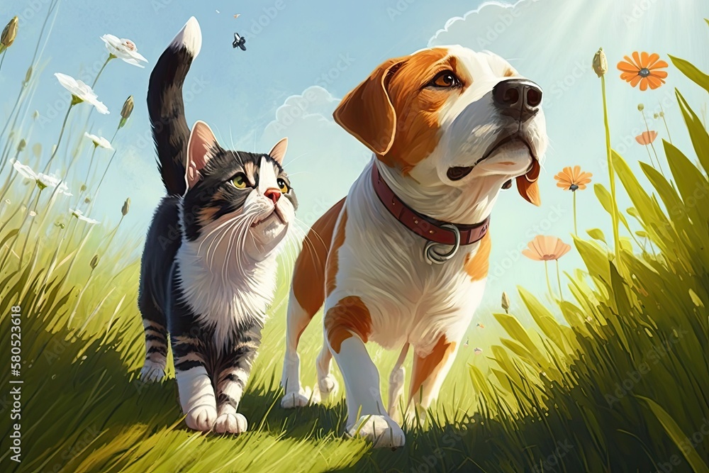 A striped cat and a happy dog are walking together in a sunny spring meadow. Generative AI