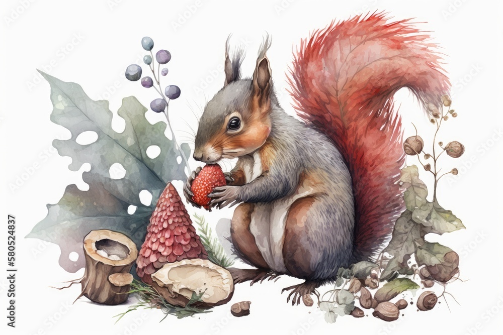 A squirrel drawn with watercolors. Mushrooms, a pine cone, and a strawberry were all drawn by hand a