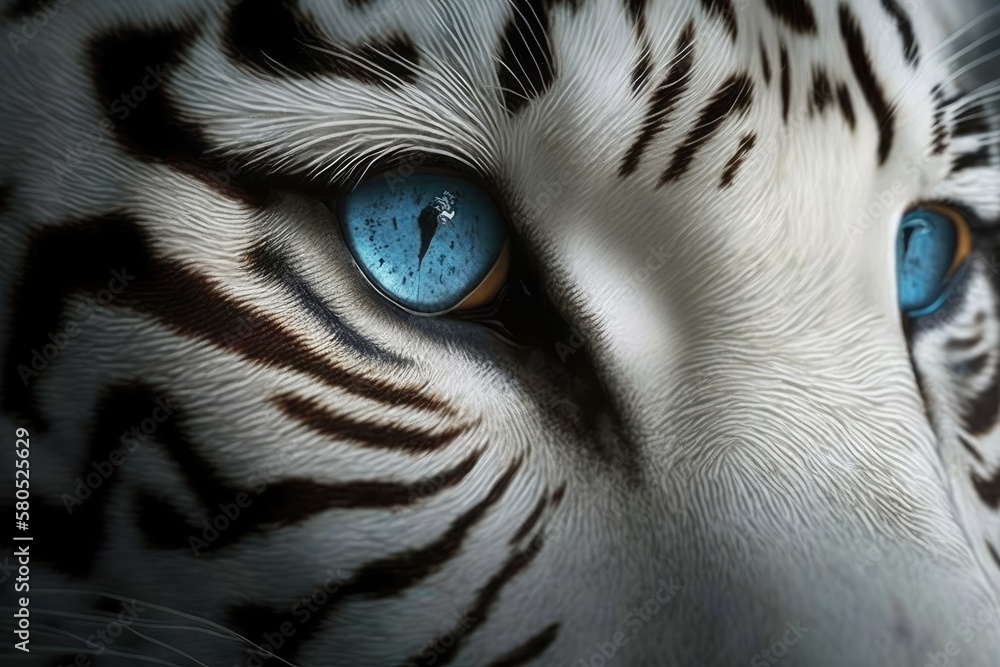 Big eyes. Close up of the blue eyes of a white tiger. Generative AI