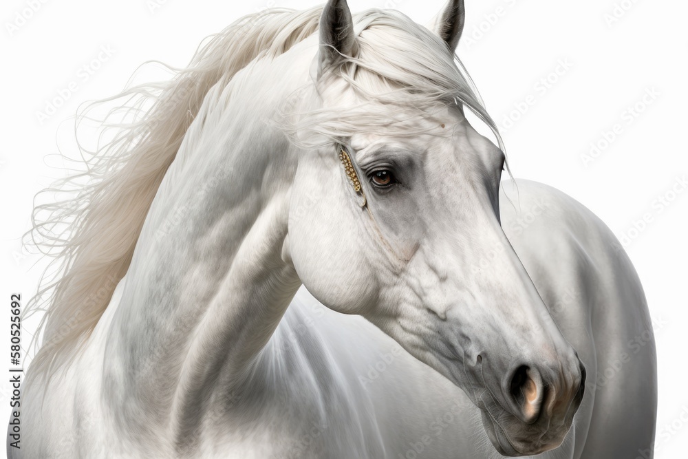 Portrait of a white Arab horse on a white background, front view. Generative AI