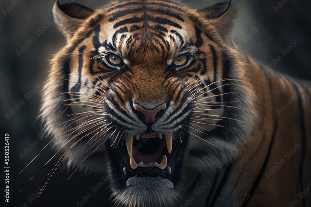 A close up of a Tigers head shows its teeth and an angry face. Generative AI