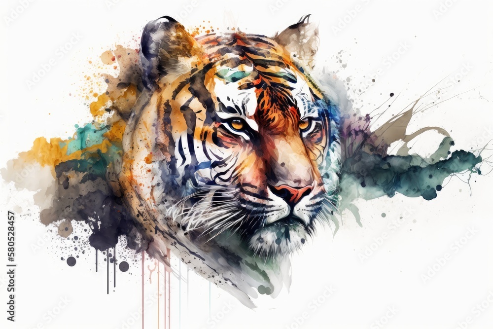 Tiger painted with watercolors by hand. On a white background, there is a realistic drawing made wit