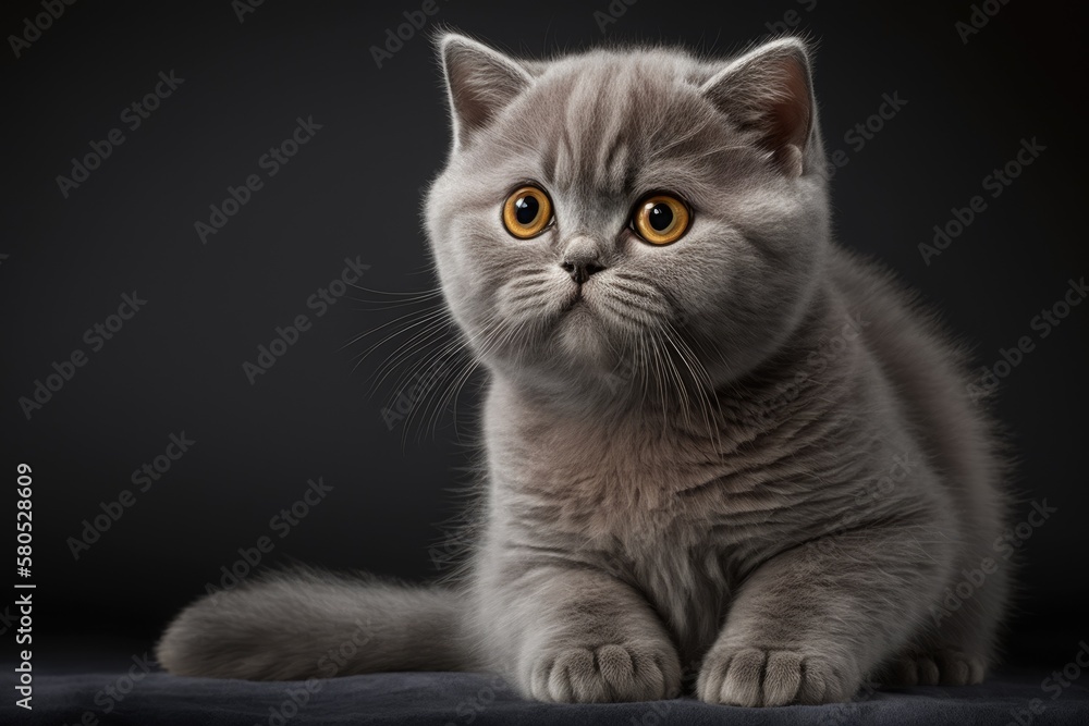 Portrait of a hungry 6 month old lilac British shorthair kitten looking at the camera on a gray back