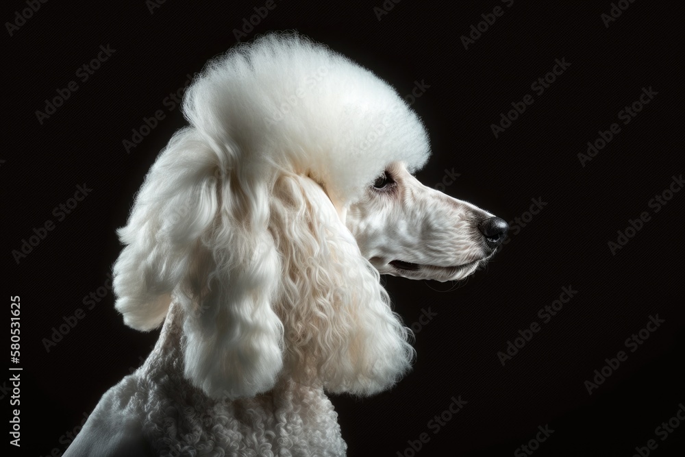 White Royal Poodle Dog Portrait with Hairstyle Profile view, looking at side, isolated on black back