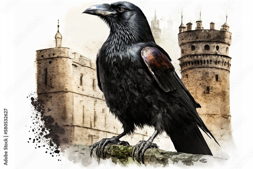 Royal black raven on white background, Tower of London, United Kingdom. Generative AI