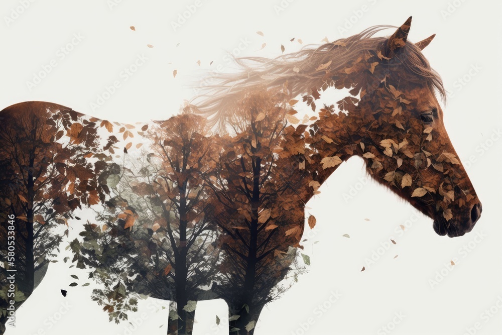 Double exposure or double exposure photo montage of a brown horse with tree branches and leaves. Gen