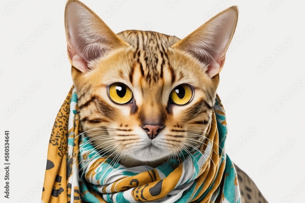 On a white background is a funny Bengal cat wearing a silk scarf. Generative AI