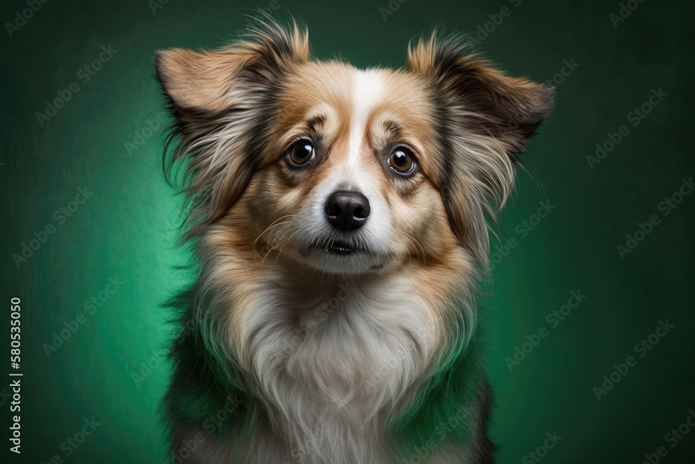 Portrait of a beautiful dog on a green background. Studio shot. Funny pet select focus. Pet Lover co