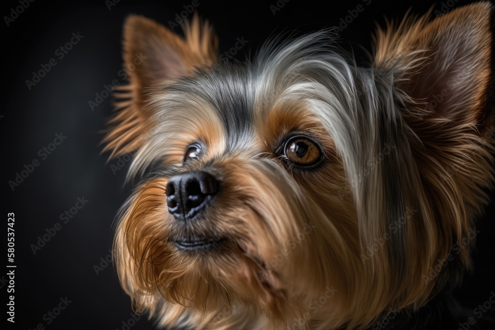 Portrait of a Yorkshire Terrier up close. Cute little brown haired dog, puppy, or doggy with a close