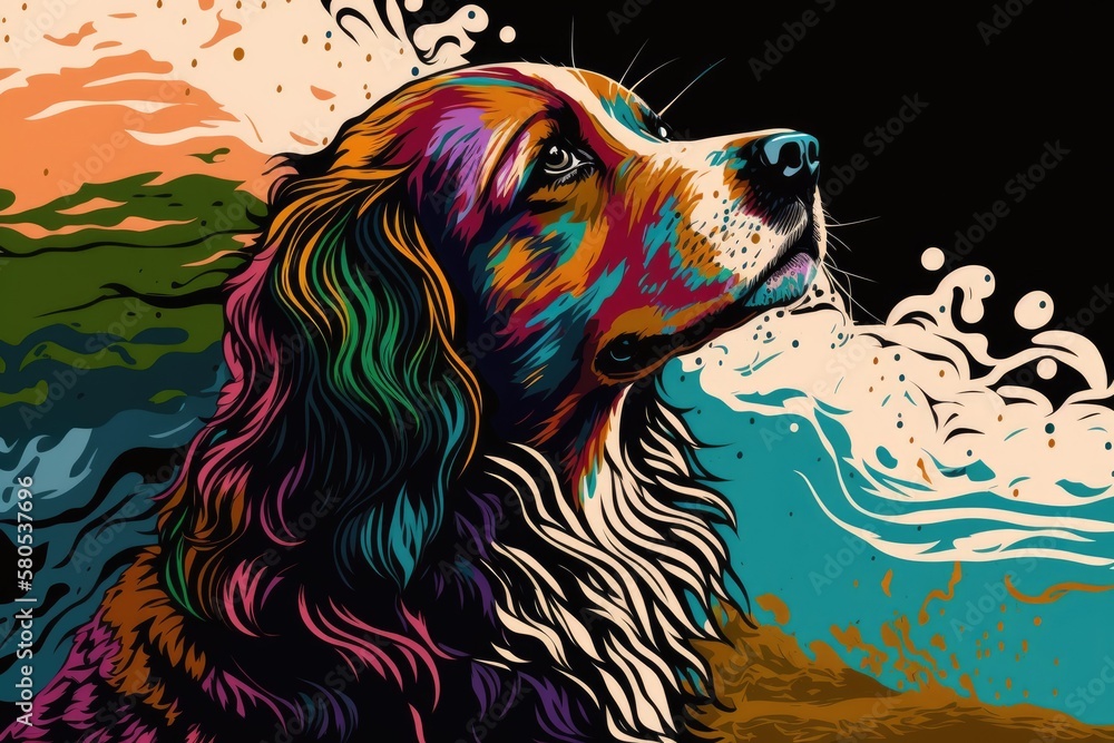 Pop art style picture of a dog. Digital creative designer art. Illustration that is abstract, surrea