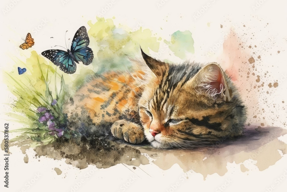 The nose has a cat and a butterfly. Adorable kitten sleeping with bug. Home pet. Painting with water