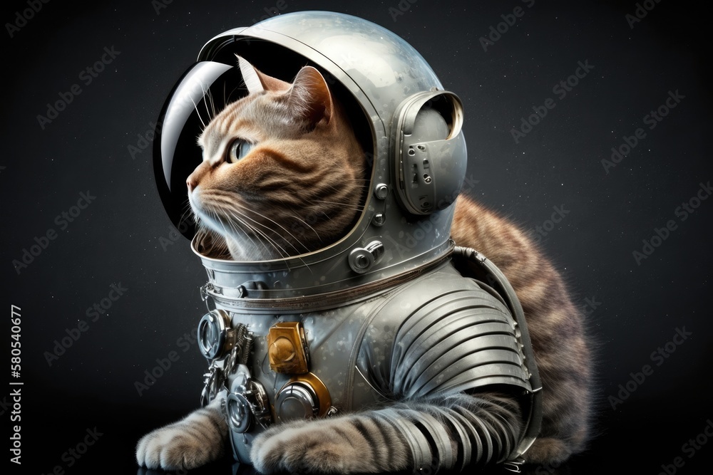 A funny cat in a space suit and a helmet on a gray background. Space cat from Britain. Thought out p