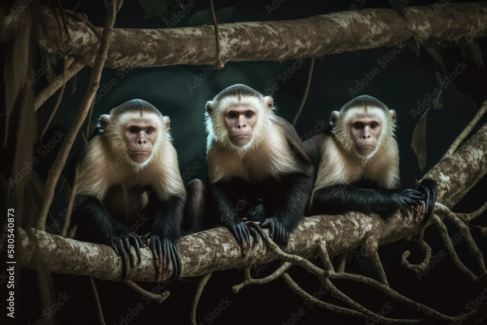 White headed Capuchin, Cebus capucinus, black monkeys sitting on a tree branch in the dark tropical 