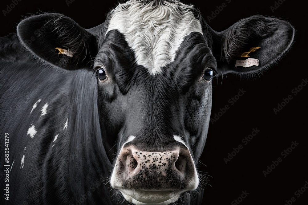 Close up of a black cow on a white background. Generative AI