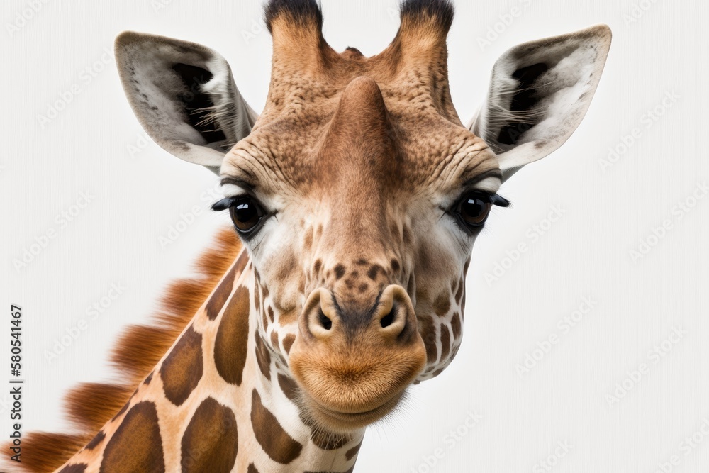 Close up shot of a giraffes head on a white background. Generative AI