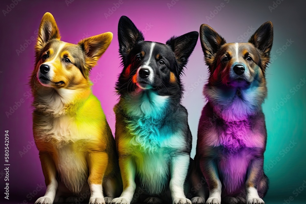 Young dogs are posing. Cute dogs or other pets look happy when they are on a colorful or gradient ba