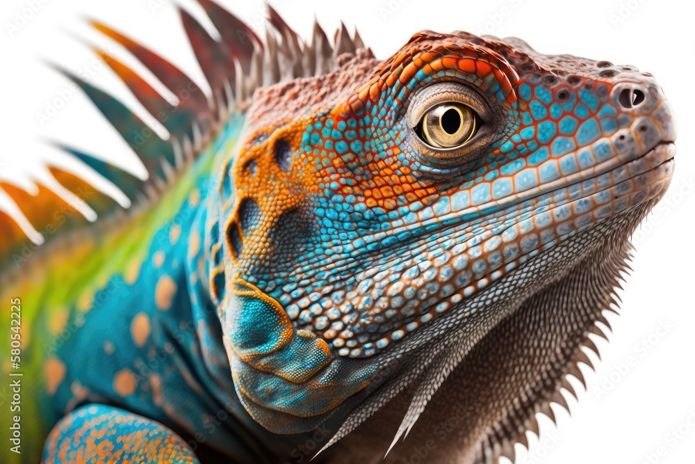 Detail of a colorful iguana on a white background. Generative AI